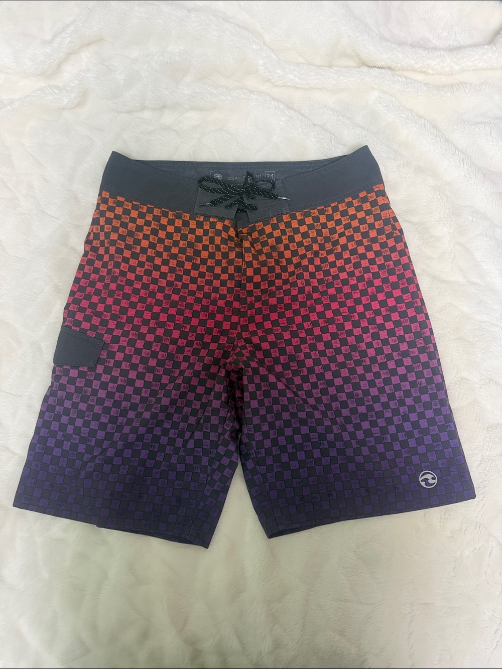 Ocean Current Black to Purple Ombre Check Board Shorts